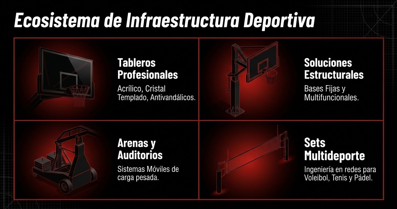 Ecosistema de Infraestructura Deportiva: Portafolio de productos profesionales para unidades deportivas, escuelas y arenas de competencia.